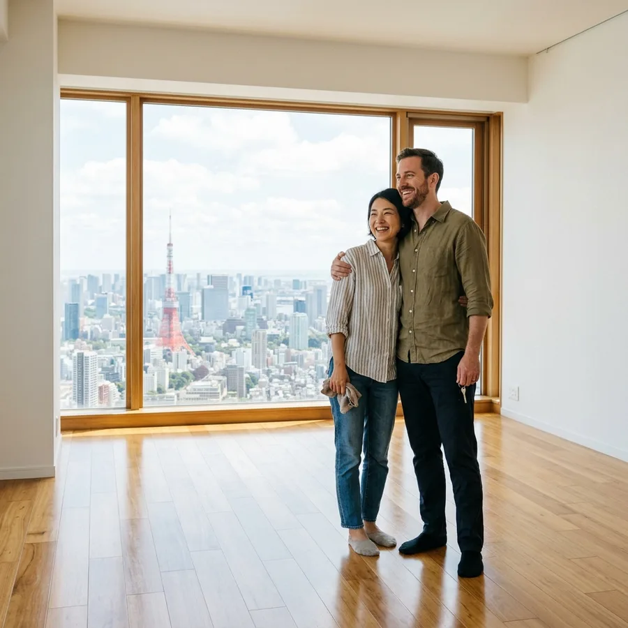Happy couple in a clean Tokyo apartment with Tokyo Tower view