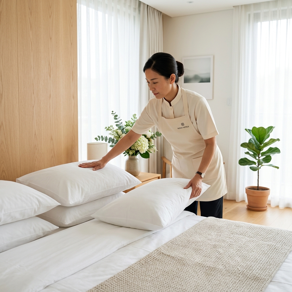 Professional English-speaking cleaner in cream uniform arranging pillows in a modern Tokyo apartment