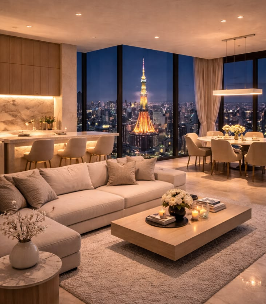 Beautifully clean luxury Tokyo apartment with Tokyo Tower night view