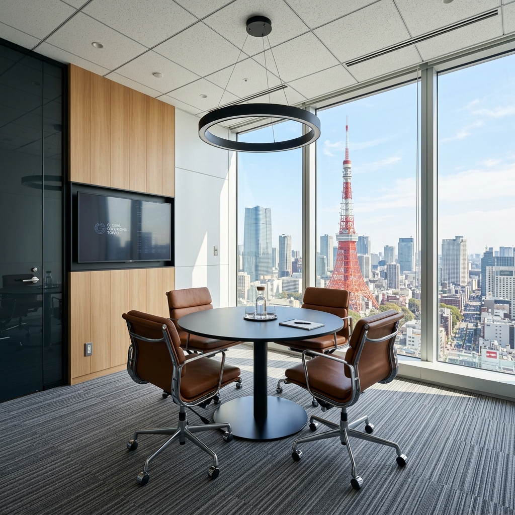 Spotlessly clean modern Tokyo office meeting room with Tokyo Tower view